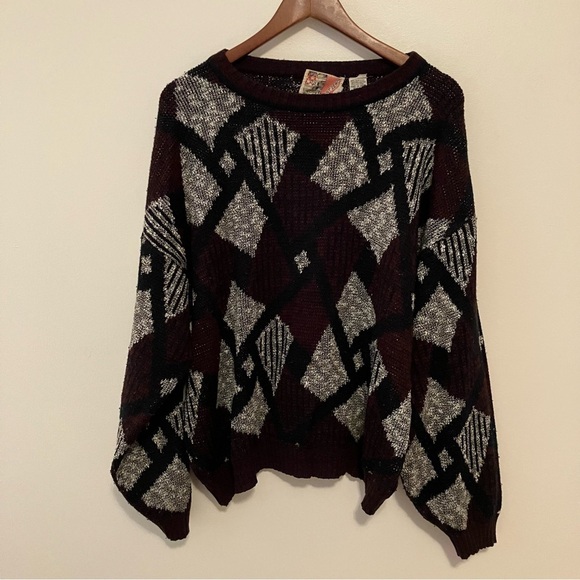 Point Zero Other - VTG Point Zero Sweater Men L Black Burgundy Geometric Pullover Knit 90s Cosby
